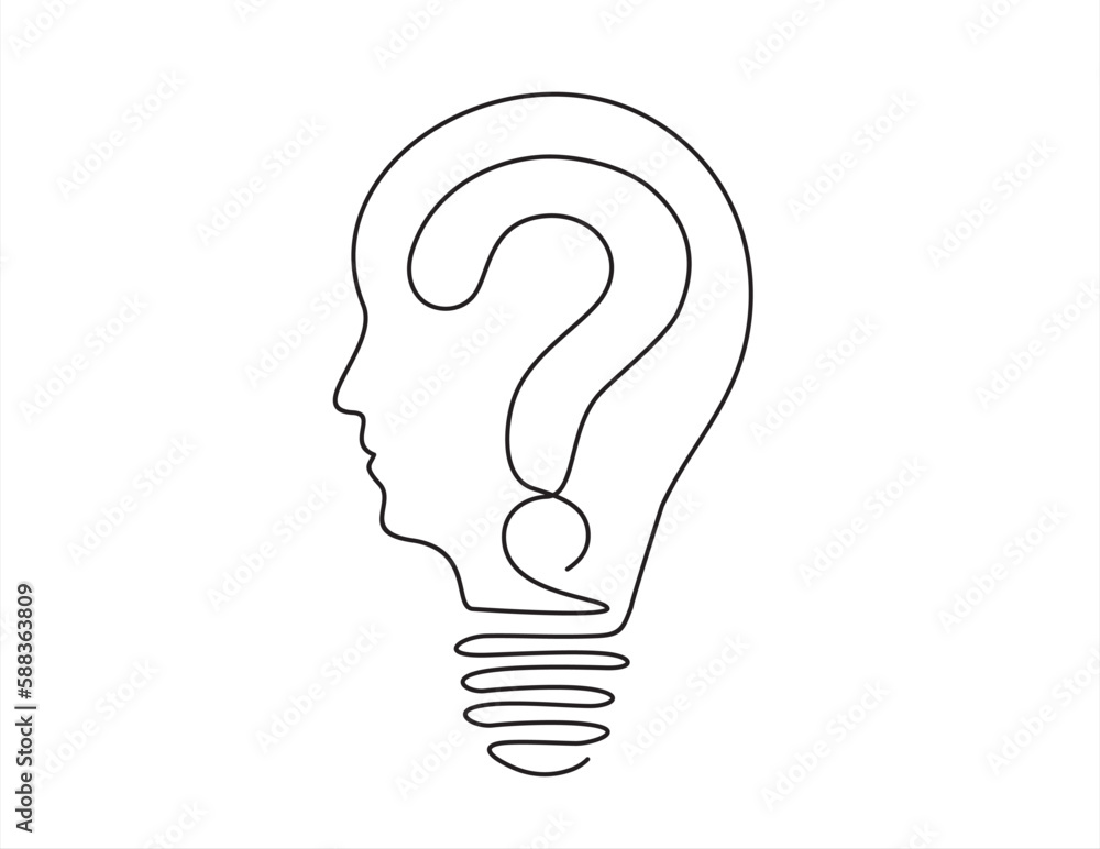 Poster continuous one line drawing of light bulb, in the form of a human face with a question sign inside