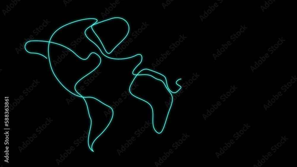Aufkleber animated continuous one line drawing of world map. self drawing animation of minimalist neon line on
