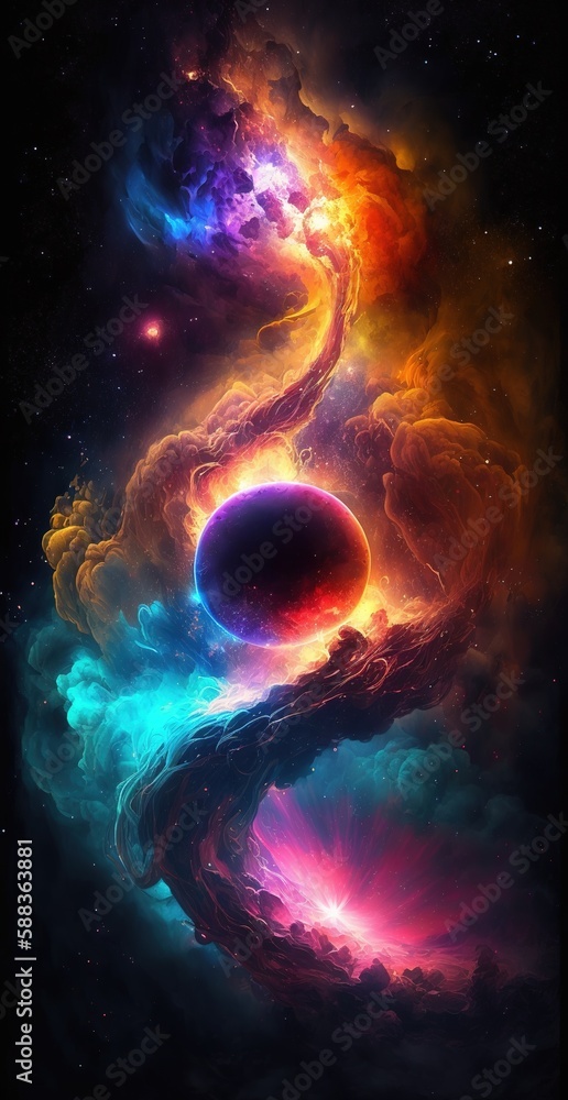 Poster abstract nebula and stars on a neon space backdrop. against raster graphics. generative ai