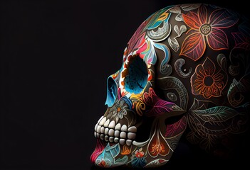 A sugar skull in profile, viewed from the side with a dark and eerie background. Generative AI