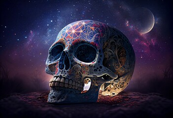 A sugar skull with a celestial theme, viewed from the front on a starry night background. Generative AI