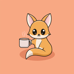 Vector Cute Fox Illustration With Coffee. Kawaii Animal Design For Banner, Poster, Icon, Mascot