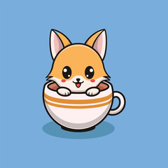 Vector Cute Fox Illustration With Coffee. Kawaii Animal Design For Banner, Poster, Icon, Mascot