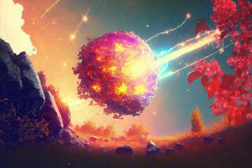 Obraz na płótnie Canvas Meteor crushing into fantasy planet created with Generative AI 