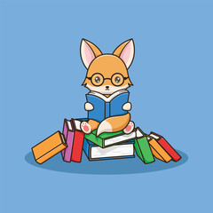 Vector Cute Fox Illustration Reading A Books. Kawaii Animal Design For Banner, Poster, Icon, Mascot