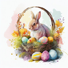 Happy easter bunny in basket with colorful painted eggs.