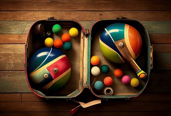 A maracas pair in a vintage suitcase on a wooden floor, surrounded by old vinyl records. Generative AI