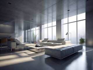 Diaphanous Interior design of modern apartment, living room with sofa and coffee tables 3d rendering, Tadao Ando style. Created using generative AI.