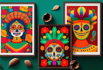 A set of colorful Mexican folk art prints. Cinco de Mayo. Generative AI