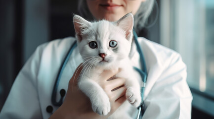 the veterinarian holds a small bright kitten against the backdrop of a veterinary clinic. generated AI