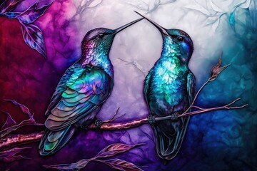 Colorful surreal colibri birds created with Generative AI 