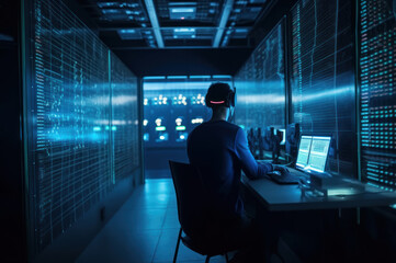 Fototapeta premium Shot from the Back to Hooded Hacker Breaking into Corporation generative ai