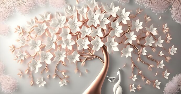 3d Wallpaper For Wall . Mural Tree With Flowers . Abstract Floral Background