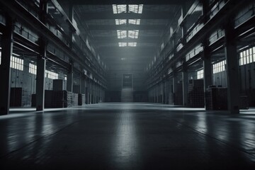Inside of dark warehouse. Dark hangar created with Generative AI 