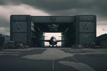 Dark warehouse. Dark hangar created with Generative AI 