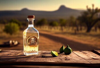 A bottle of tequila with a slice of lime on a wooden table, with a blurred background of a Mexican landscape. Generative AI
