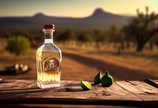 A bottle of tequila with a slice of lime on a wooden table, with a blurred background of a Mexican landscape. Generative AI