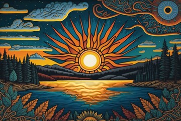 Surreal bright colorful sunset created with Generative AI 