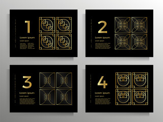 Fototapeta na wymiar Cover design for brochure, booklet, book, poster, flyer. Set of vector geometric patterns with golden lines. Format horizontal A4.