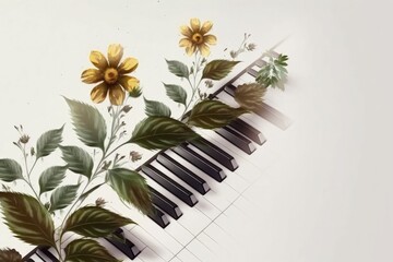 White and golden flowers between piano keys created with Generative AI 