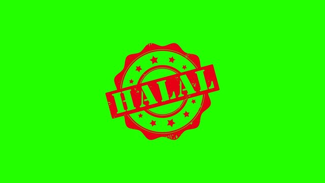 Animation of Halal stamp and hand stamping impact rubber stamp red colour grunge style white green black background.