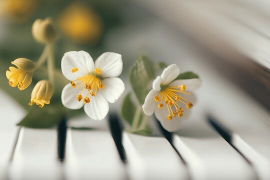 White and golden flowers between piano keys created with Generative AI 