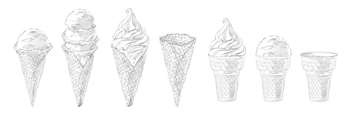 Ice cream in waffle cone. The set of vanilla sundae Gelato. Color Vector illustration. Isolated objects on a white background