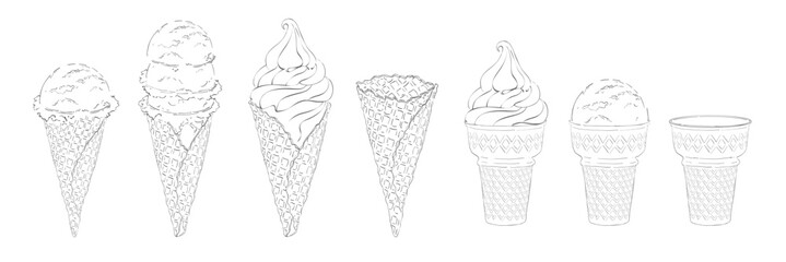 Ice cream in waffle cone. The set of vanilla sundae Gelato. Color Vector illustration. Isolated objects on a white background