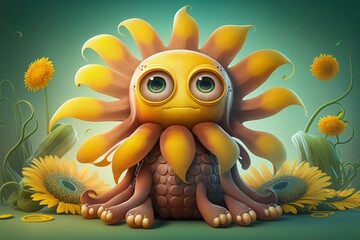 Sunflower cartoon character. Adorable sunflower creature created with Generative AI