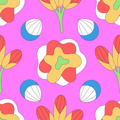 Seamless floral pattern of colorful abstract flowers with black stroke. Flat style. Surface design for fabric, wallpaper, wrapping paper, covers. Red, white, yellow, pink colors. Vector illustration