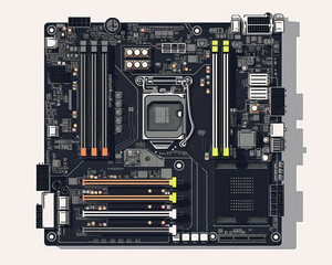 Computer motherboard isolated on white background. Top view. Vector illustration.
