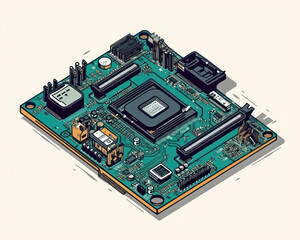 Isometric electronic circuit board, microchip, microcircuit, computer processor, motherboard, chip.