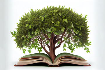 Growing tree with green leaves from an open book. Generative Ai
