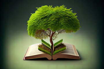 Green tree grows from open book. Generative Ai