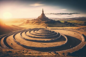 Fototapeta na wymiar Landscape view with surreal spiral citadel created with Generative AI 