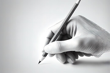 Hand holding pencil sketch isolated on white. Generative Ai