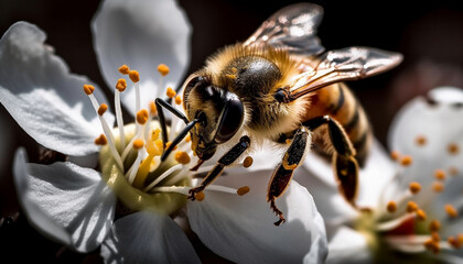 Busy bees gathering pollen from yellow flower generated by AI