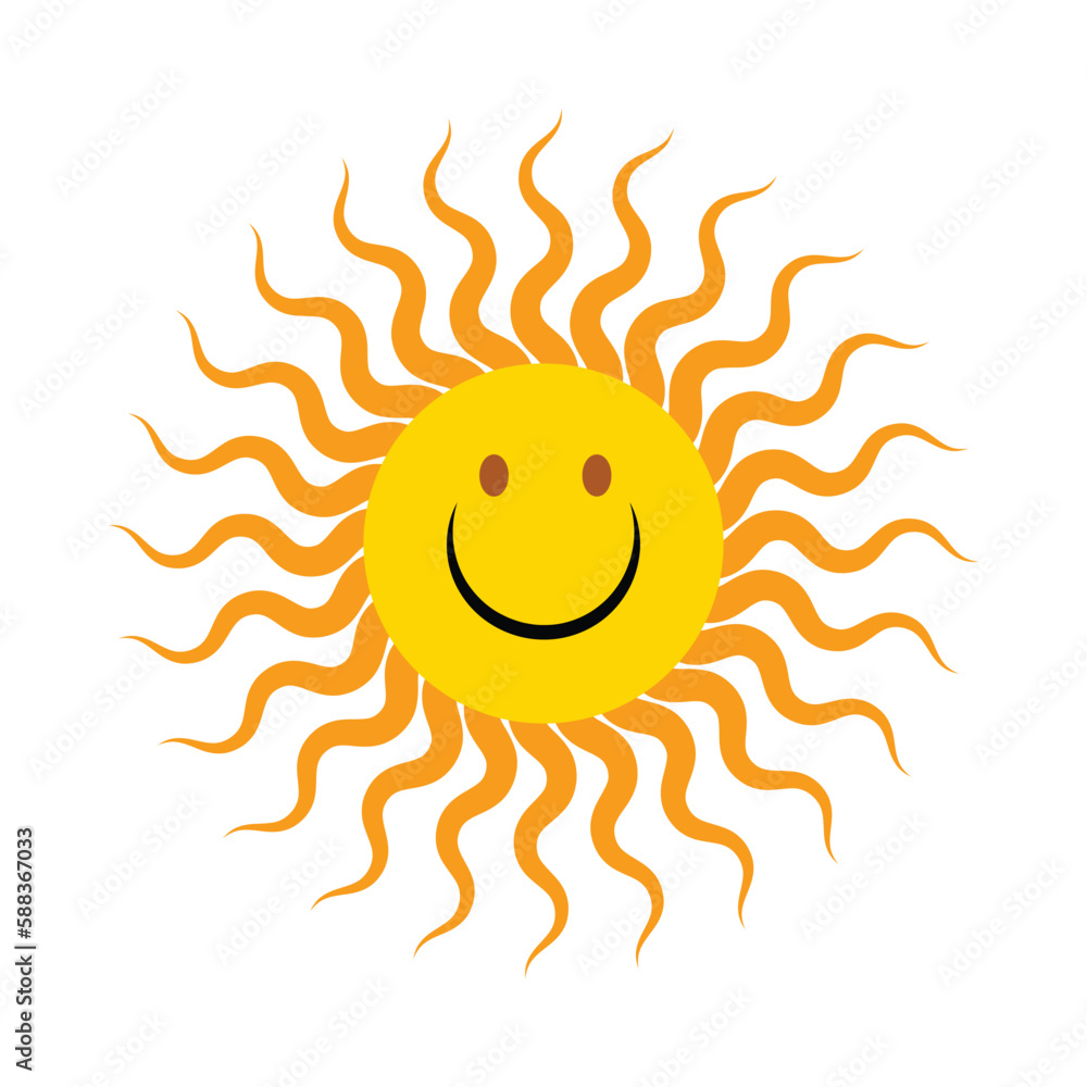 Sticker Cartoon Color Character Sun Icon Sunlight or Energy Concept Flat Design Style. Vector illustration of Mascot Star