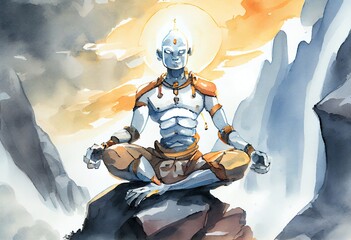 Watercolor Illustration of a Illustration Of An Advanced Monk Robot Cyborg Doing Yoga On The Mountain, Zen Lighting. Generative AI