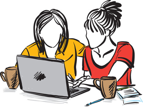 students working in front of laptop computer education concept vector illustration