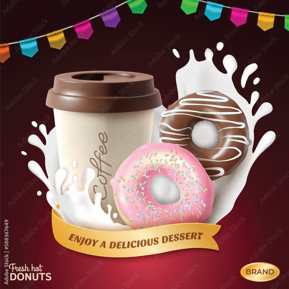 Poster Realistic Detailed 3d Fresh Donuts Enjoy a Delicious Dessert Ads Banner Concept Poster Card. Vector illustration of Coffee Cup Takeaway and Doughnut