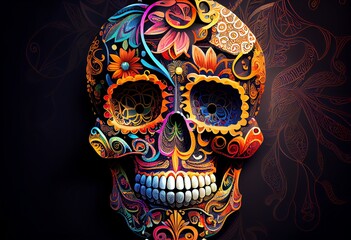 A sugar skull with a paisley design, viewed from the front on a bright background. Generative AI