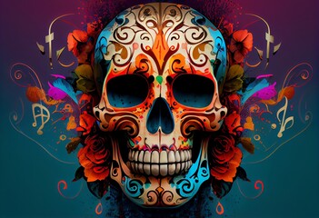 A sugar skull with a music theme, viewed from the front on a vibrant background. Generative AI