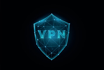 Polygonal VPN shield vector illustration on dark blue background, Virtual Private Network low poly design.