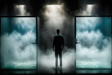 Fototapeta premium Man standing in mist against cubical prison created with Generative AI 