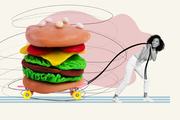 Creative collage picture of mini cheerful black white gamma girl pull rope huge plasticine burger...