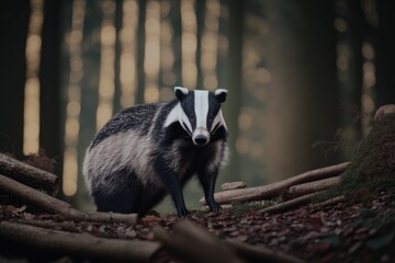 Adorable badger in forest created with Generative AI 