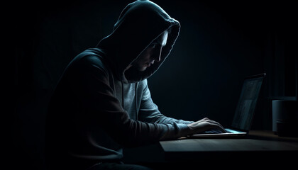 Fototapeta na wymiar Hooded burglar typing crime on dark laptop generated by AI