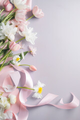 Fresh flowers background with copy space, celebration or Mothers Day concept. Generative Ai