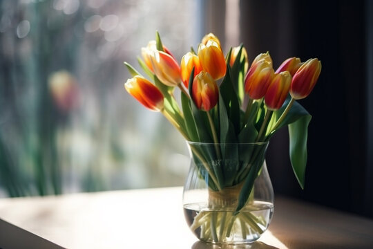 Fresh tulips flowers in glass vase on home table. Celebration gift or Mothers Day. Generative AI